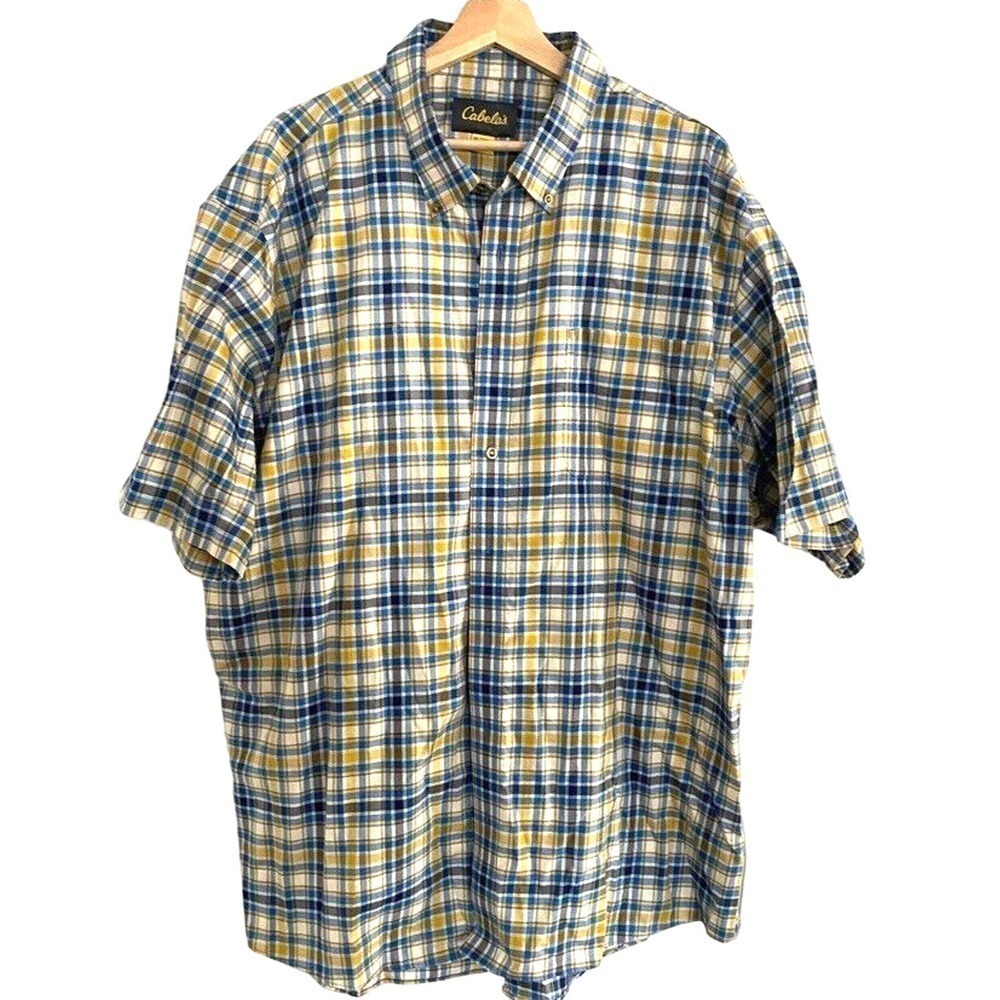 Cabela's -short sleeve blue & yellow collard cotton button down shirt men's 3XLT